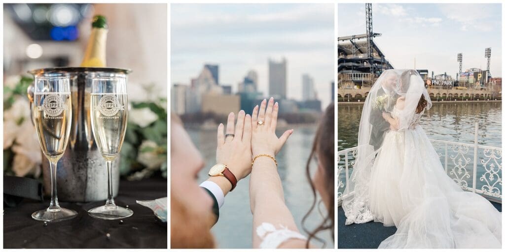 a series of wedding images featuring a couple on a boat with the city skyline in the backround and wedding ring details 