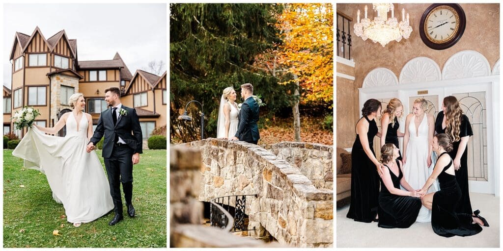 series of images featuring bride and groom with a scenic fall backdrop at a stunning mansion wedding venue