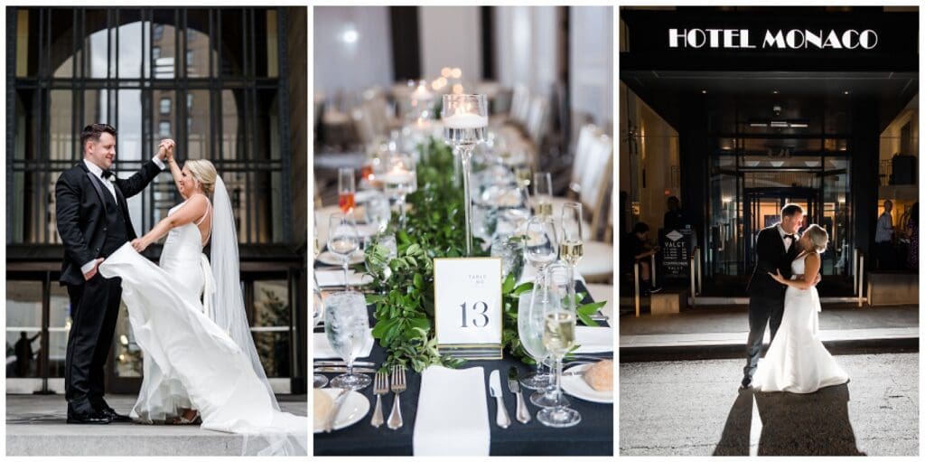 a collection of images featuring reception details and bride and groom portraits outside of an upscale city hotel 