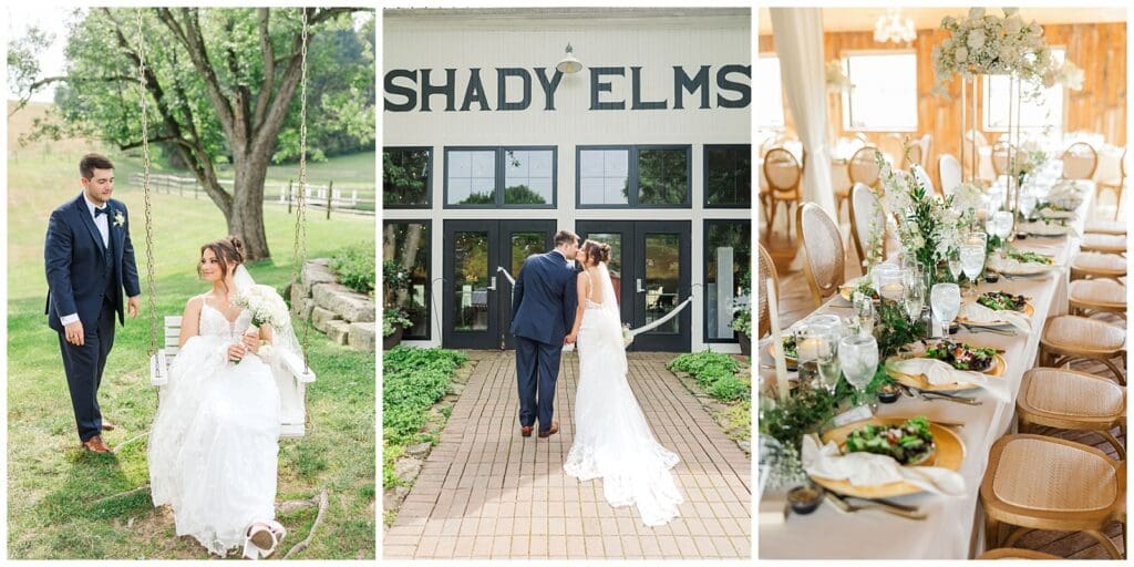 a series of images showing romantic moments between a bride and groom and beautiful reception details