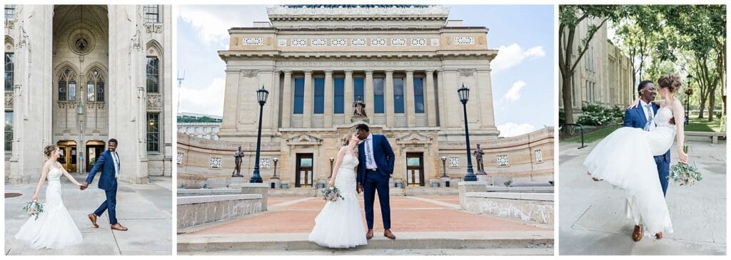 a series of bride and groom portraits featuring stunning pittsburgh architecture in the background