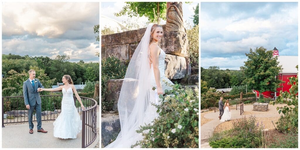 a collection of images featuring bride and groom portraits with a vibrant sky and nature background