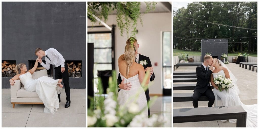 series of images of romantic moments between a bride and groom featuring a modern black and white venue