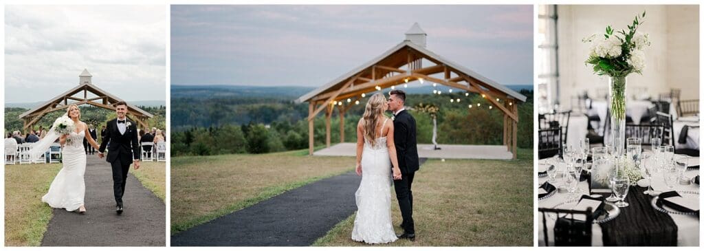 a collection of images featuring the bride and groom walking down the aisle and venue details 