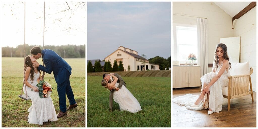 a collection of images featuring a quiet moment for the bride getting ready and romantic moments of the bride an groom