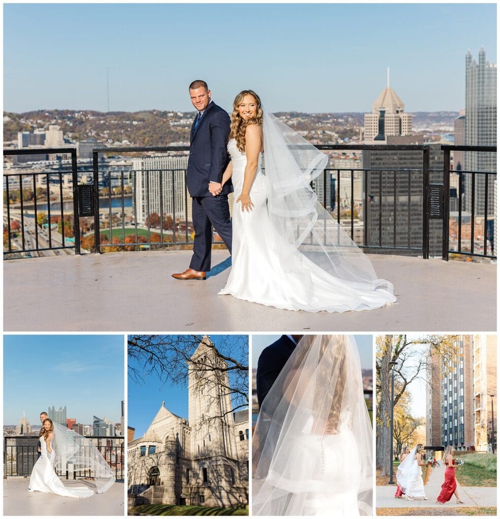 a collection of bride and groom images featuring a beautiful city skyline on a bright sunny day
