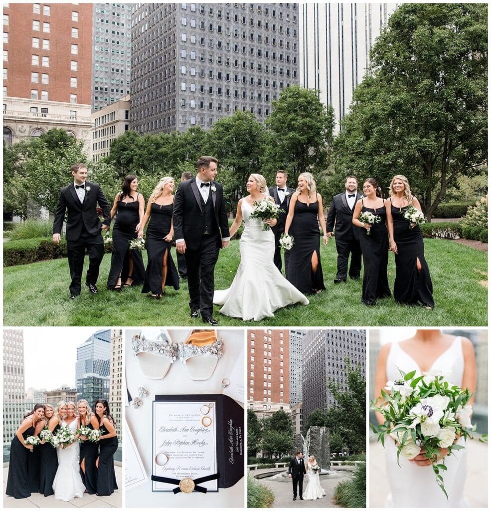 Collection of wedding portraits, bridal party moments, and detail images with Pittsburgh skyline backdrop during city wedding celebration
