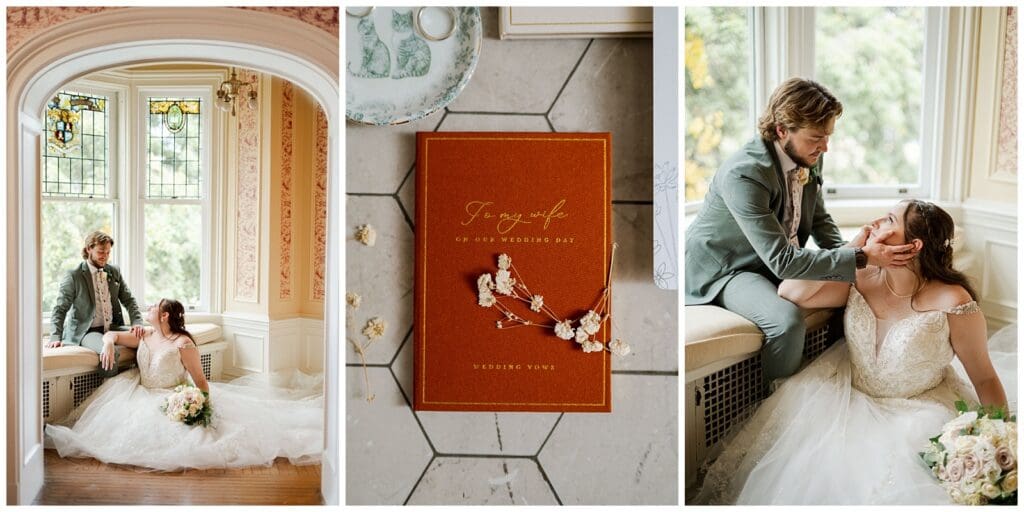 a collage of wedding images of a bride and groom posing for portraits inside an elegant mansion room
