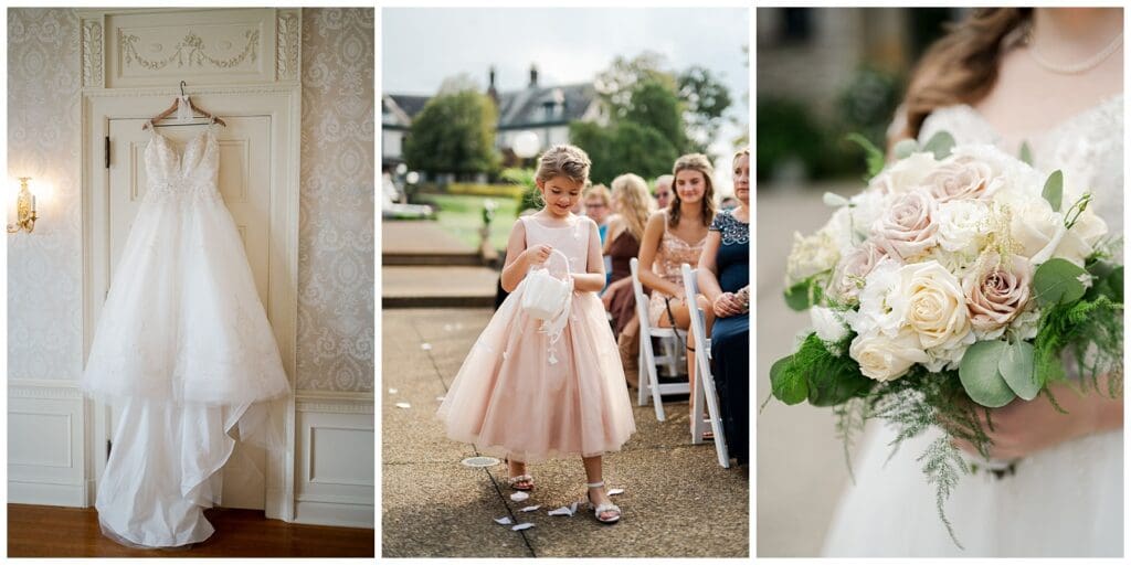 collage of images featuring a flower girl, a bridal bouquet, and a wedding dress hanging in the bridal suite