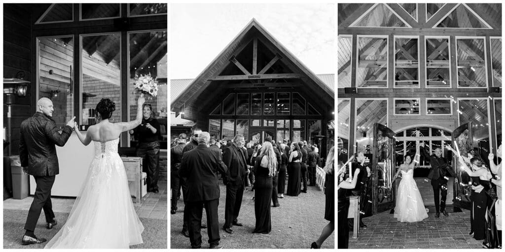collection of black and white wedding images featuring a couple exiting their reception with bubbles
