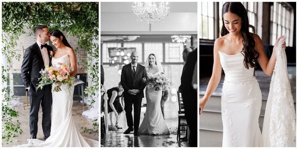collection of wedding images featuring a dad walking the bride down the aisle