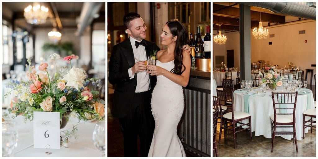 collage of wedding images featuring a reception tablescape with flowers and the bride and groom giving a toast