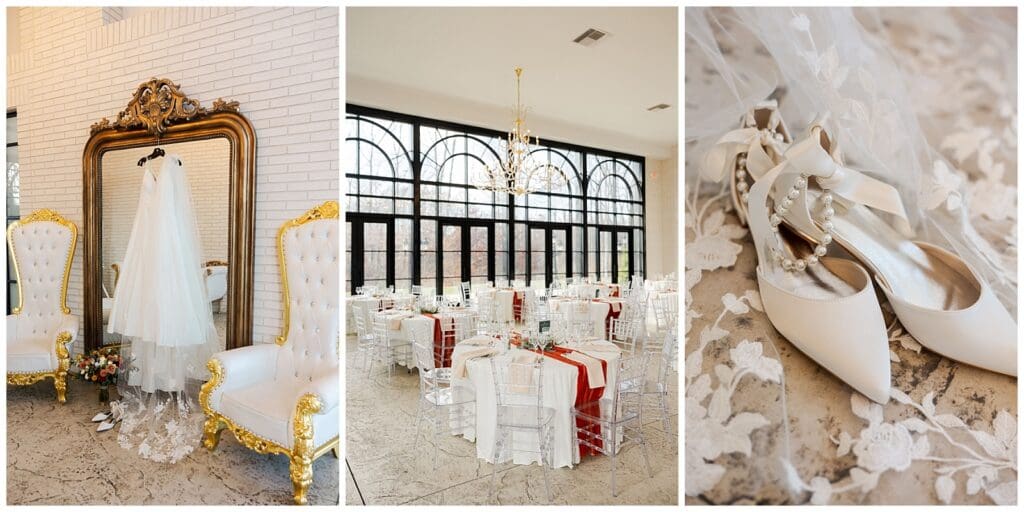 series of wedding detail images featuring the bride's dress and shoes