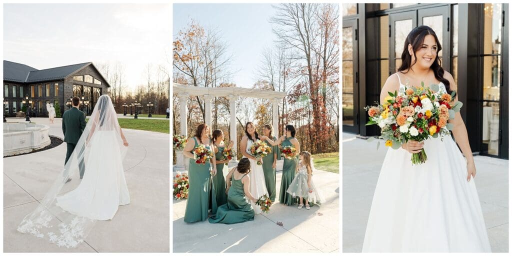 collage of wedding images featuring bridesmaids and bride and groom walking into the venue of The Glass on Enchanted Acres