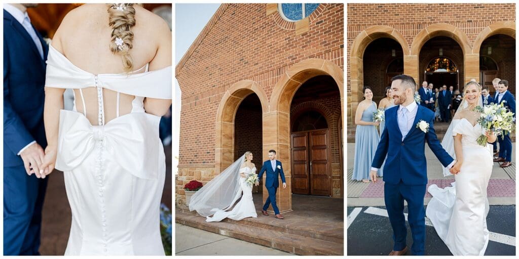 series of bride and groom portraits featuring the bride and groom holding hands 