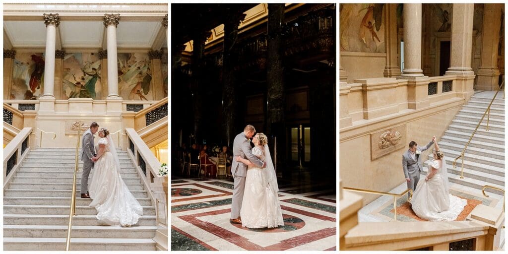 series of wedding images featuring a bride and groom walking down a grand marble staircase