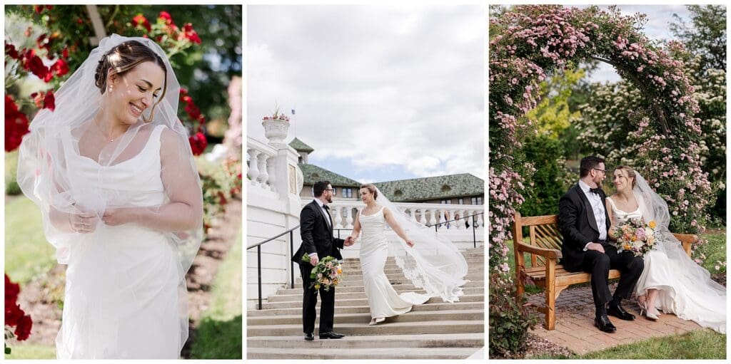 collage of wedding images featuring a bride and groom in a floral garden background
