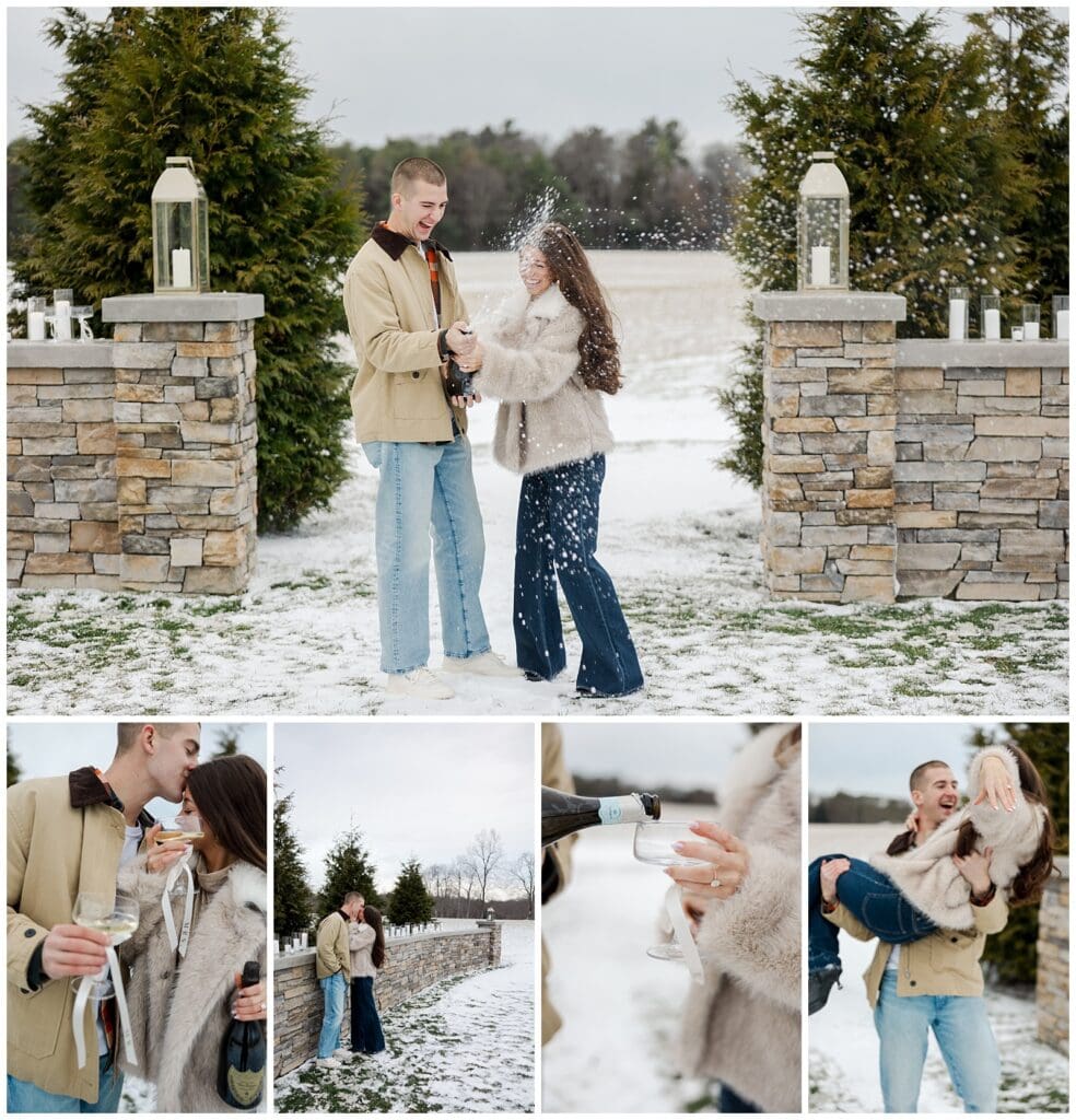 collage of engagement images featuring the couple popping champagne