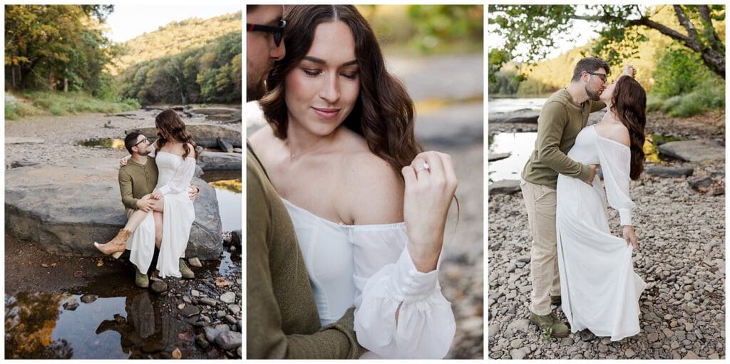 collection of images featuring a couple kissing in a creek
