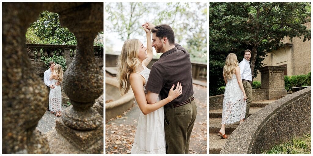 collection of  images of a couple walking up a set of stone steps