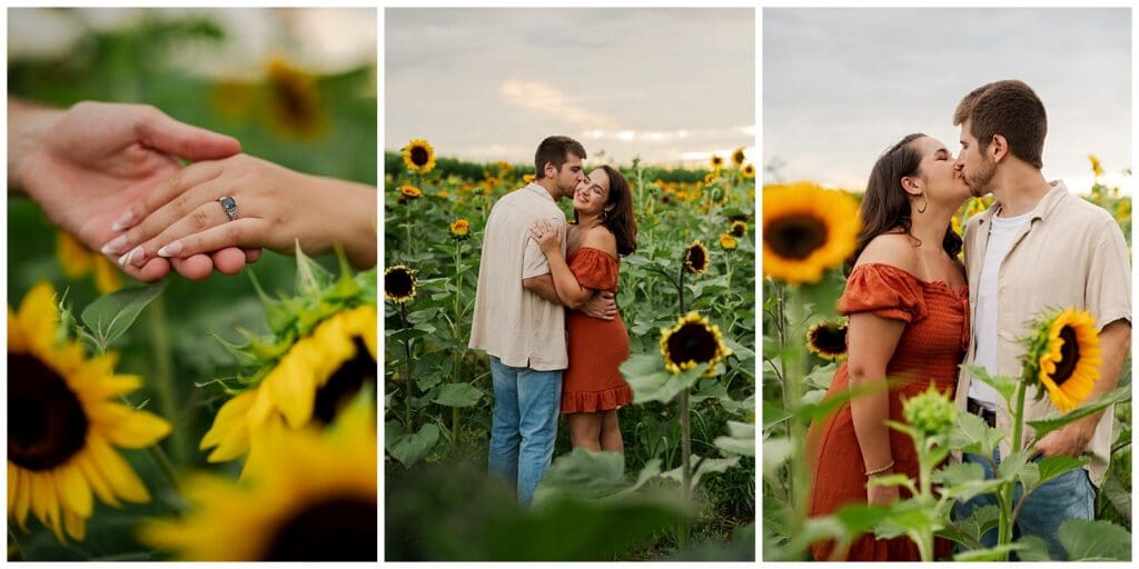 collection of images of a couple in a sunflower field kissing
