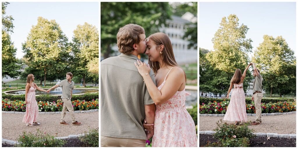 collection of images of a couple walking in a flower garden