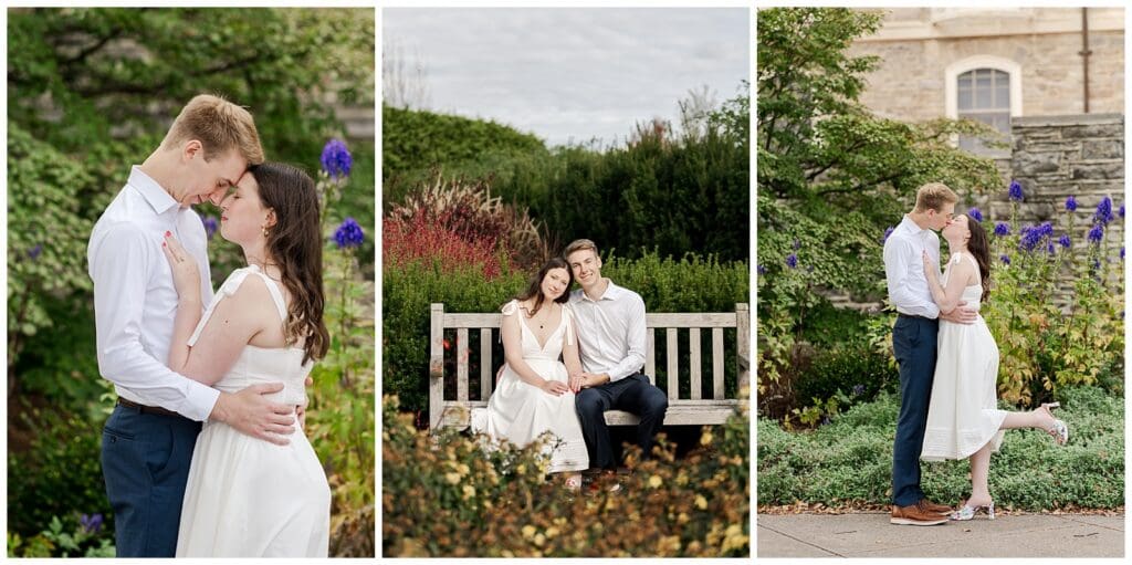 collection of images of a couple kissing and sitting on a bench surrounded by flowers