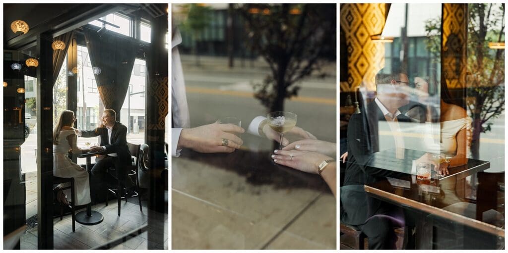 collection of images taken from the street looking into a widow with couple sharing a drink and holding hands