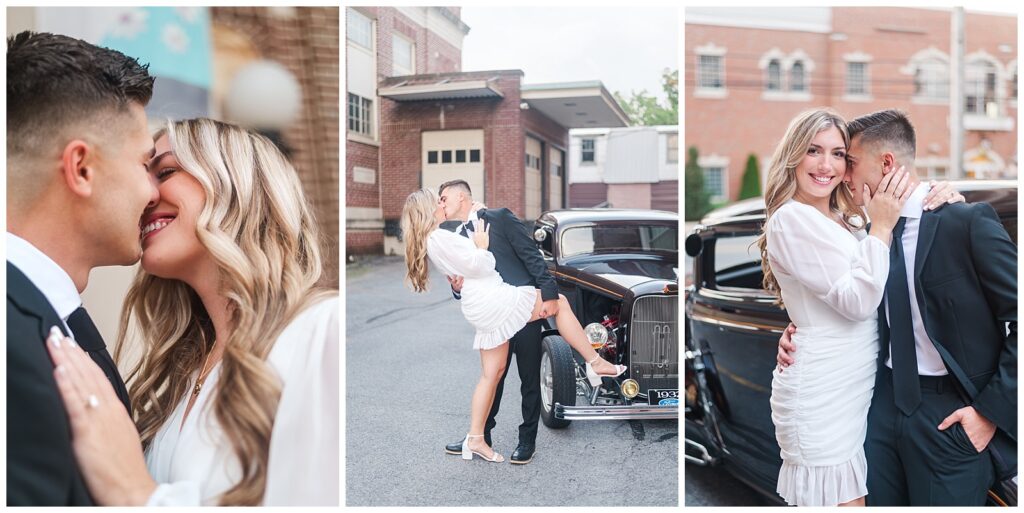 collection of images of a couple wiht a vintage car and a brick background