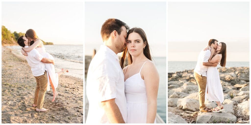collection of engagement images featuring a couple on a rocky shoreline of Lake Erie