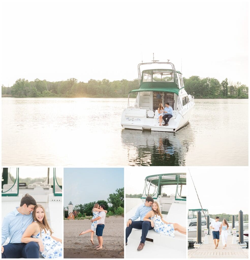 a collage of engagement photos featuring romantic moments between couple on a boat