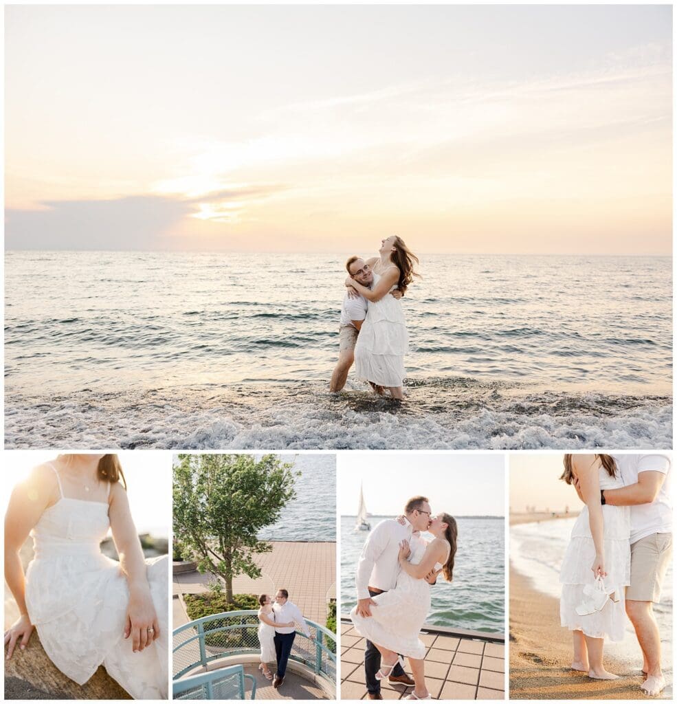 a collection of engagement photos featuring a couple walking the beach at sunset