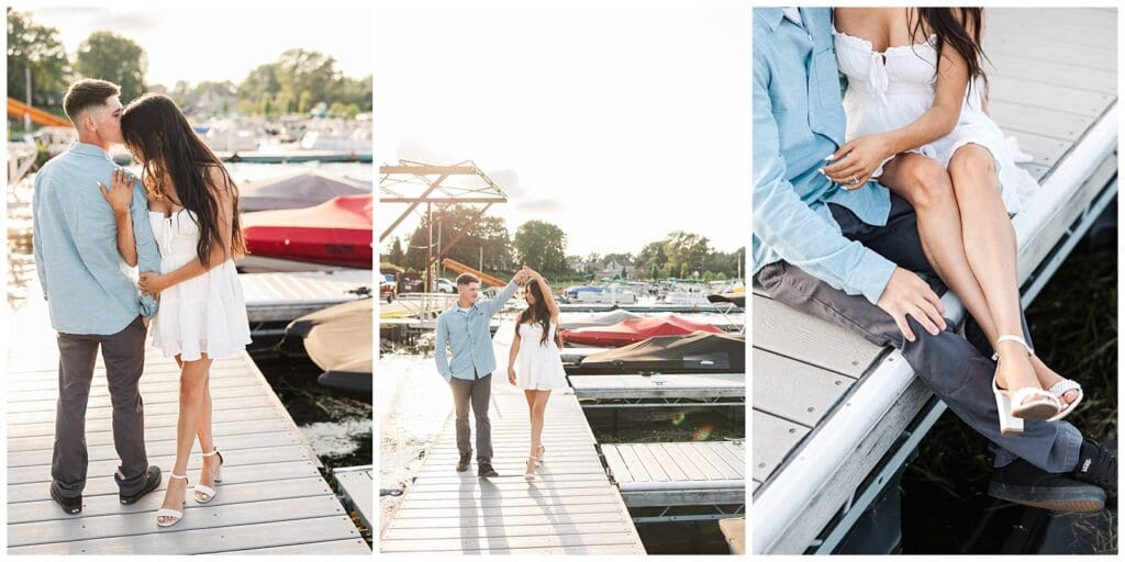 a collage of engagement photos featuring a couple enjoying romantic moments on a boat dock