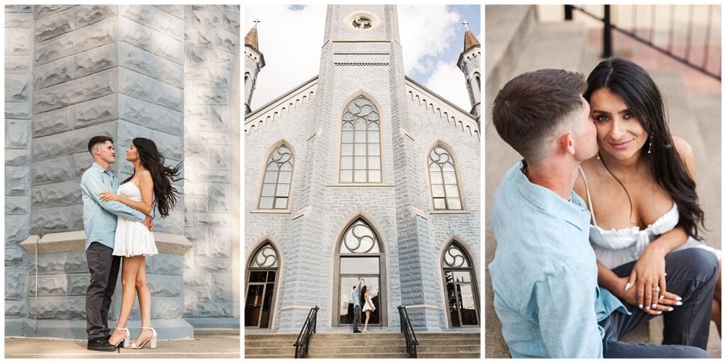 images featuring romantic moments between a couple with a stone building in the background