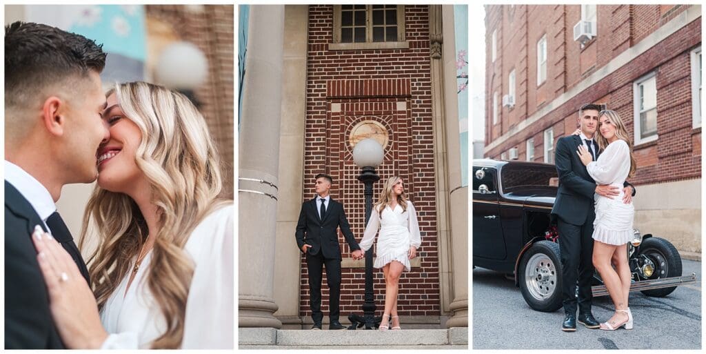 series of engagement photos featuring a classic car and an architectural background
