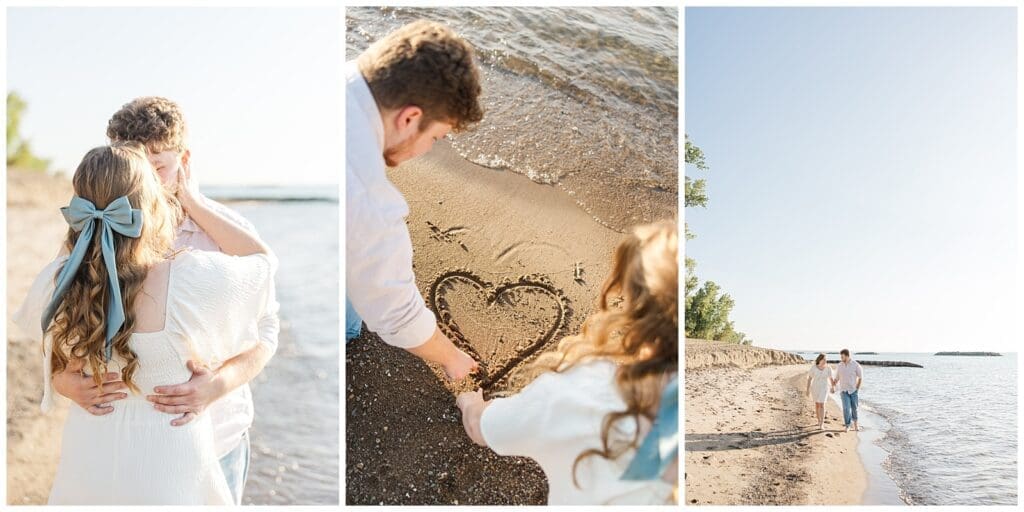 collection of engagement portraits featuring the couple walking and playing in the sand