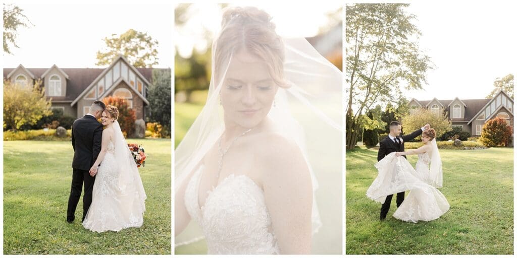a collage of wedding photos featuring a bride and groom sharing romantic moments with a mansion in the background