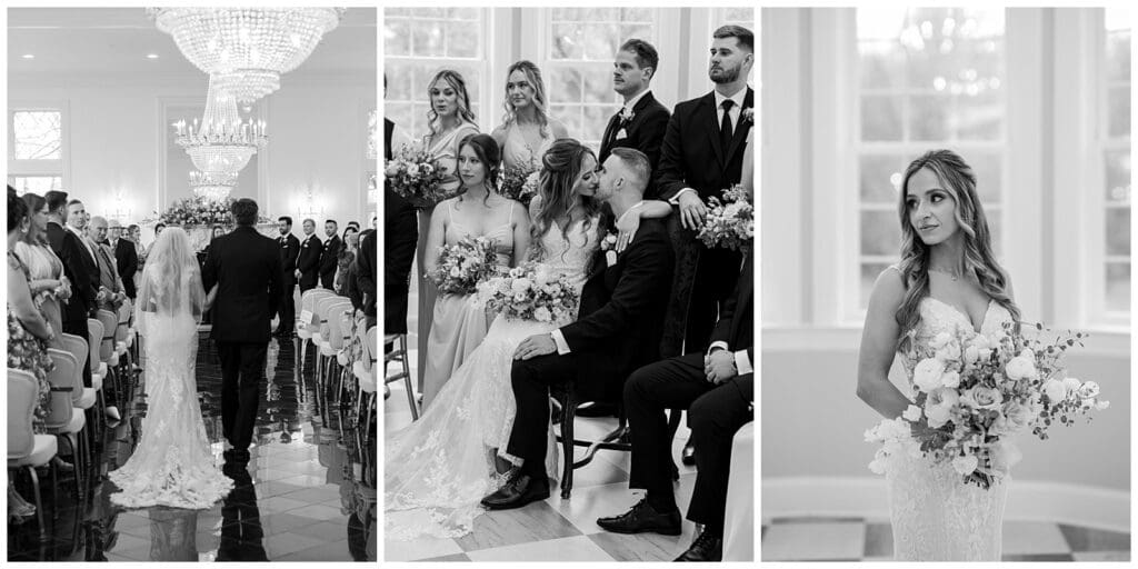 a series of black and white wedding images featuring ceremony moments and details