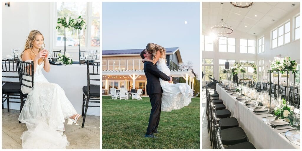 a series of images featuring reception details and a bride and groom portrait in front of the wedding venue