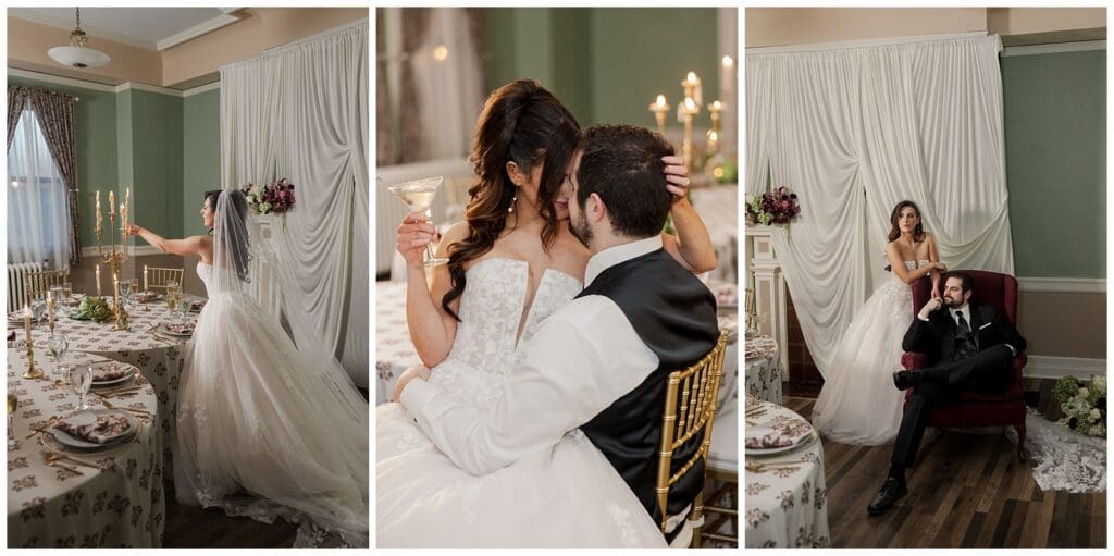 a collection of wedding portraits featuring an elegant historic backdrop