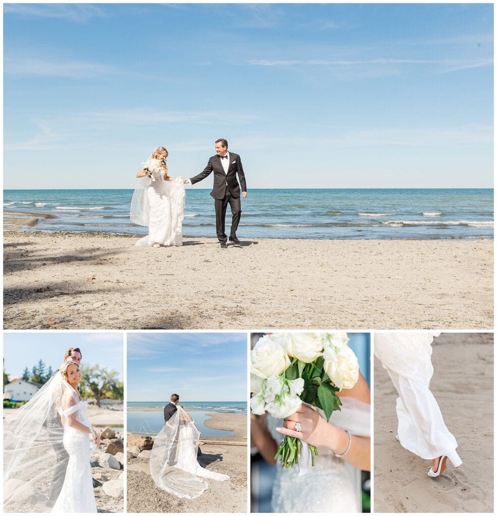 a collage of images featuring wedding details and bride and groom moments with Lake Erie in the background