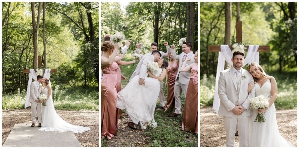 series of images featuring a bride and groom kiss with their bridal party with a nature background