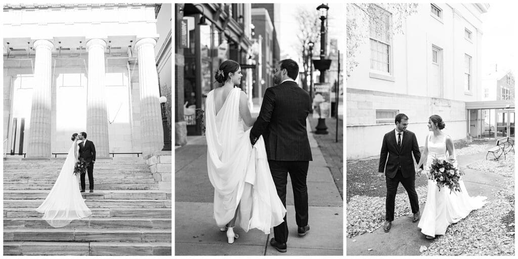 collection of images featuring a bride and groom walking up the stairs of the Erie Art Museum