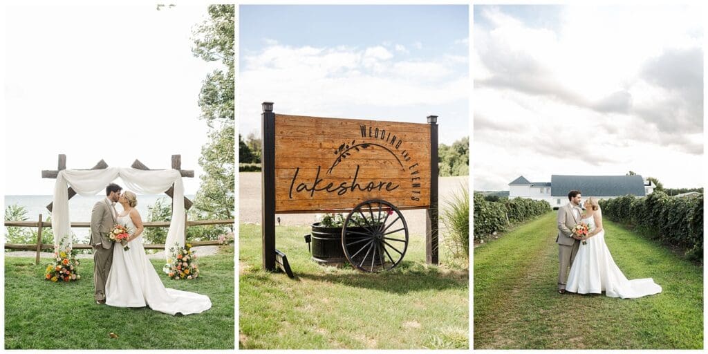 a series of wedding images at Lakeshore Vineyards featuring a bride and groom sharing a kiss