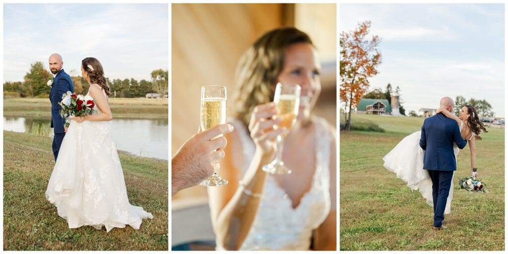 a collage of wedding images in a rustic barn venue