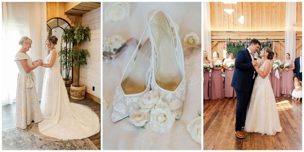 collage of wedding moments featuring a rustic barn background