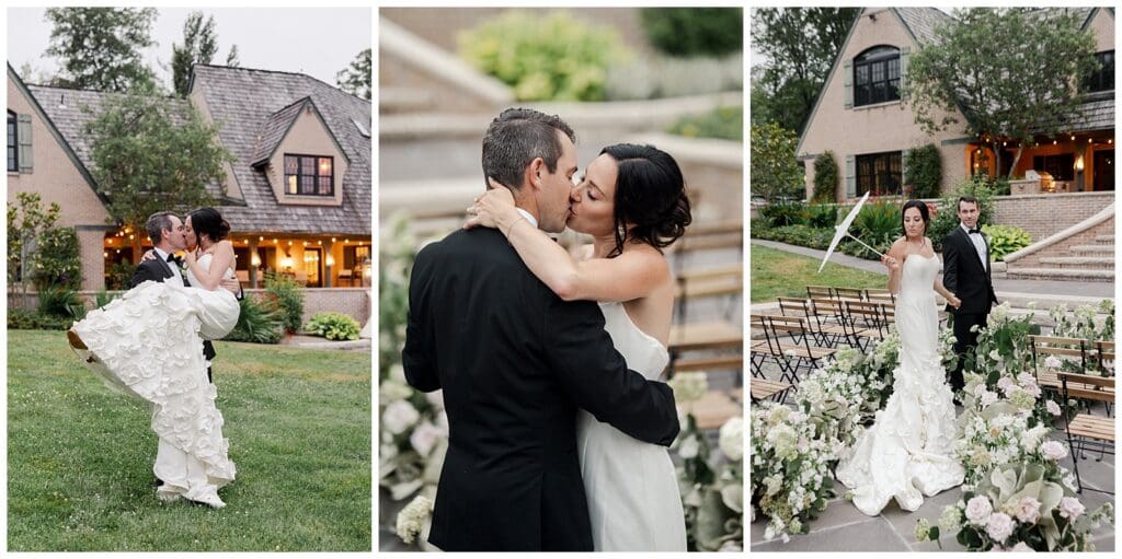 collection of images featuring a bride and groom kissing while walking through a floral lined aisle