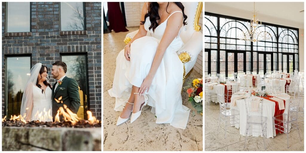a collection of wedding images featuring reception details in an elegant venue