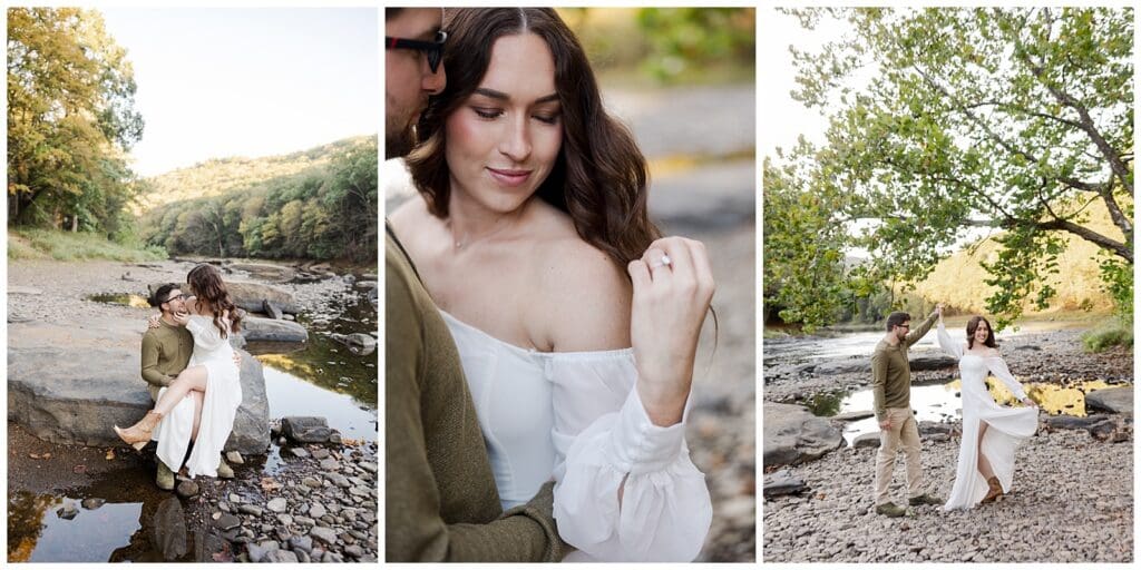 collage of images featuring a couple and a scenic water location with trees and large rocks