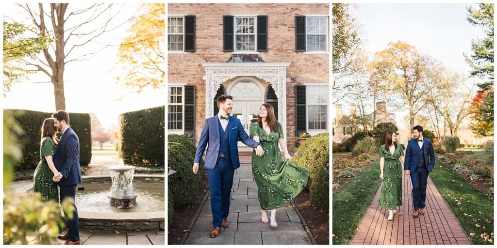 a series of photos featuring an engaged couple walking on an estate property with gardens and landscaping